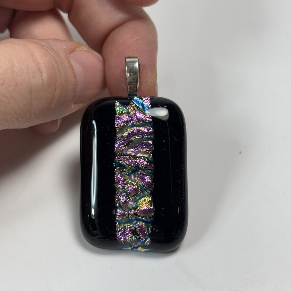 Fused Dichroic‎ Glass Necklace Pendant-Black, SIlver, Purple and Pink Mix